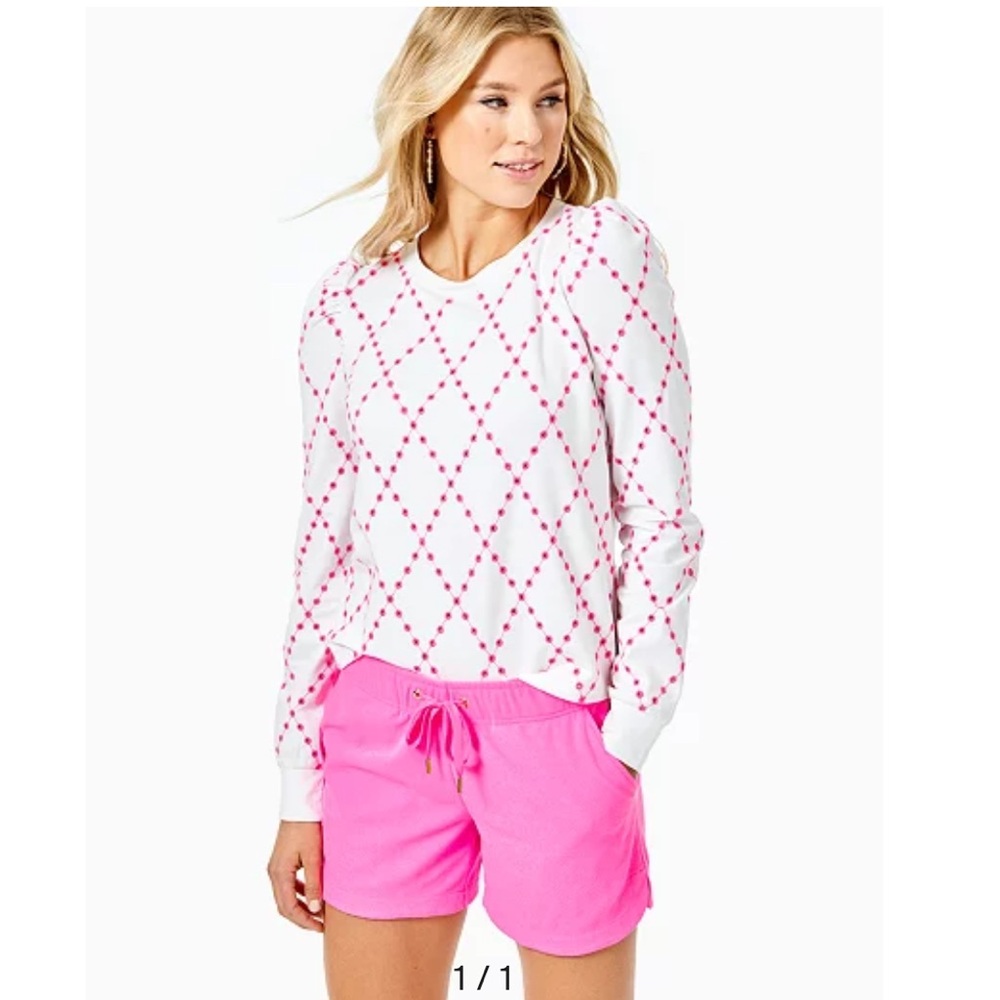 Lilly Pulitzer Jansen Eyelet Sweatshirt Prosecco Pink Oversized Diamond Knit Xs